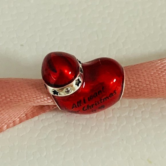 Pandora Metallic Red Christmas Heart Charm All want for Christmas Heart Pendant - Picture 3 of 7